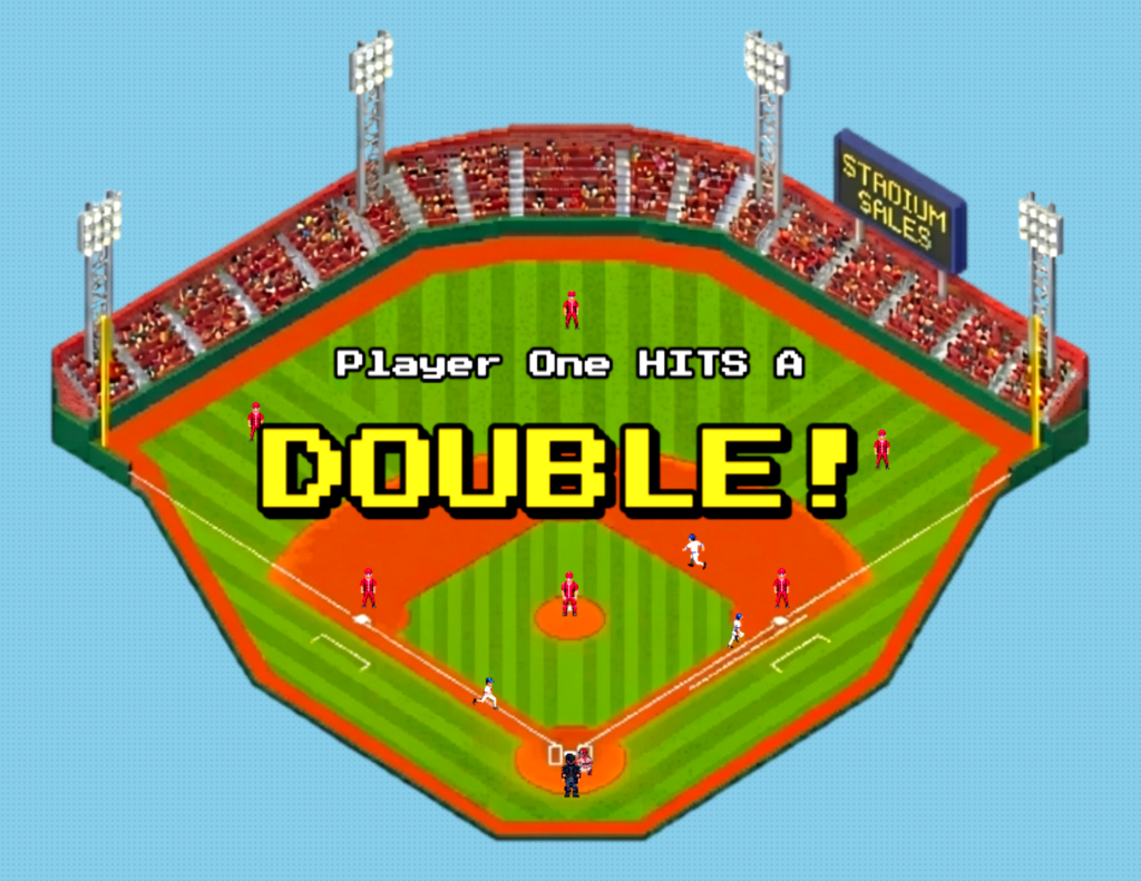 Baseball game showing Player One hits a Double